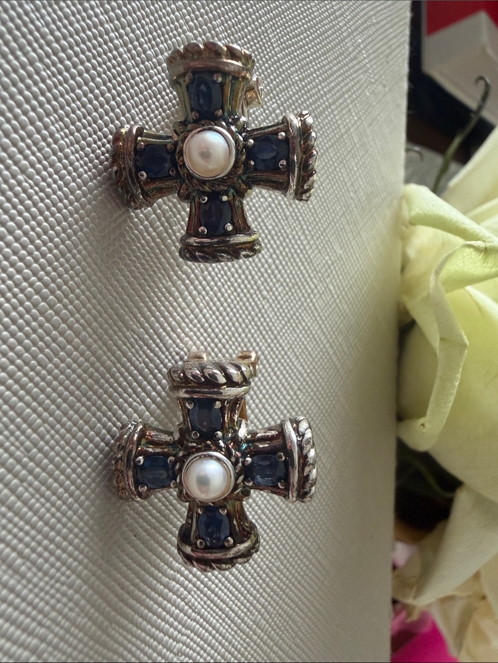 Judith Ripka Vintage RARE 925 Cross earrings Pearls and Sapphires posts
